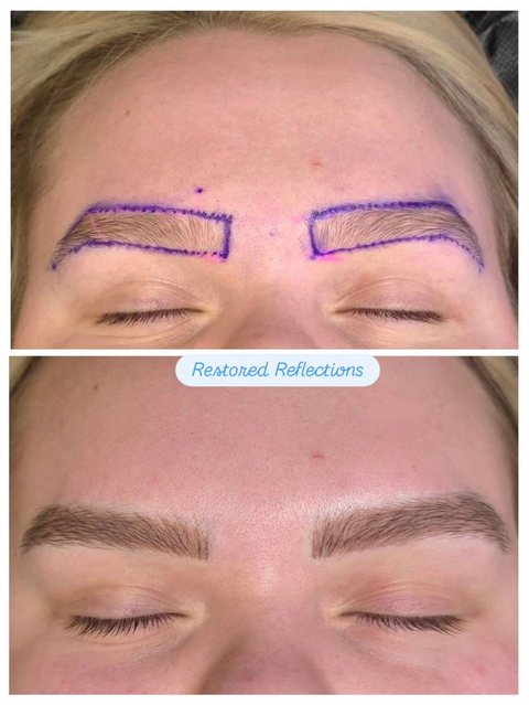 Brows mapped out in pencil at the start of an appointment, and the healed result below.