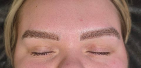 Healed permanent brows with fine, hair-like strokes, photographed close up.