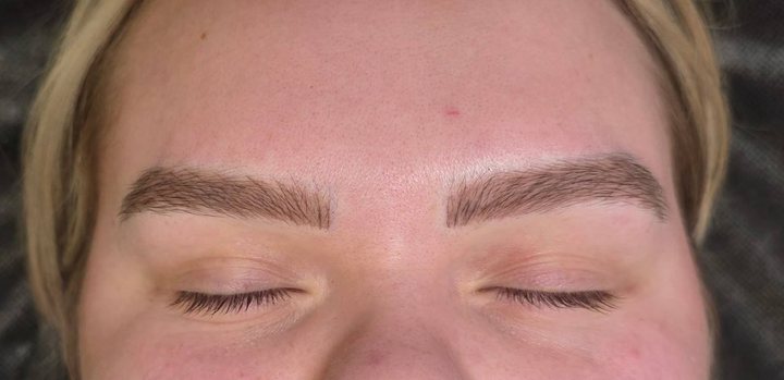 Healed permanent brows with fine, hair-like strokes, photographed close up.