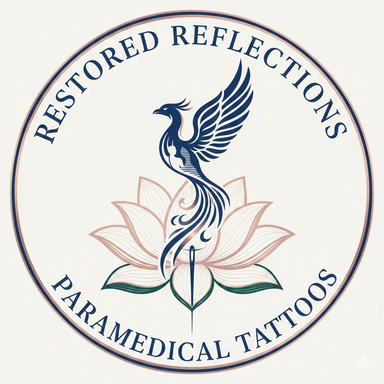 The Restored Reflections symbol: a navy phoenix rising out of a blush lotus whose stem is a tattoo needle, ringed with the words Restored Reflections and Paramedical Tattoos.